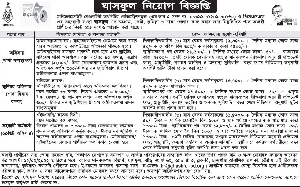ঘাসফুল এনজিও নিয়োগ বিজ্ঞপ্তি ২০২২