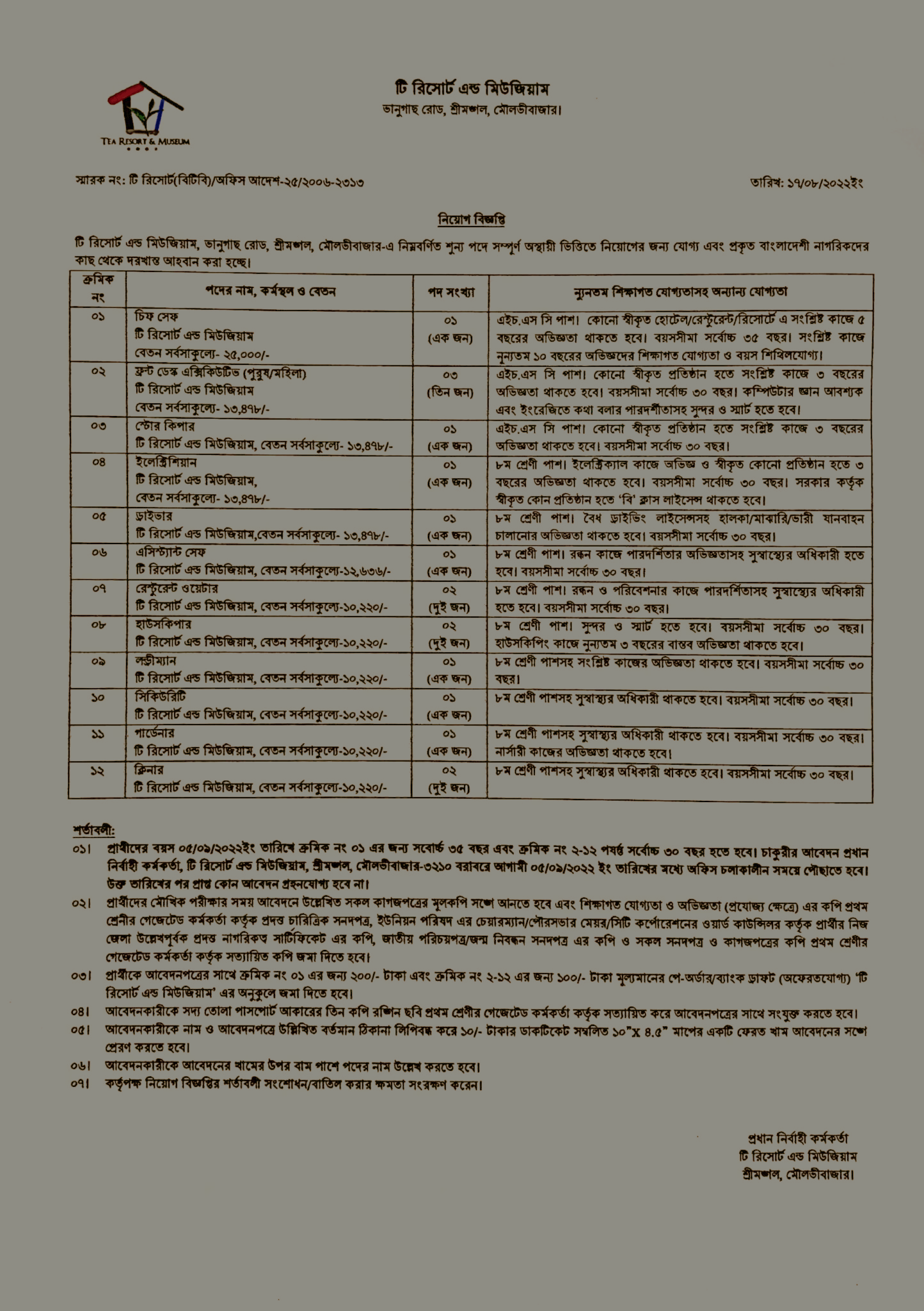 বাংলাদেশ চা বোর্ড নিয়োগ বিজ্ঞপ্তি ২০২২