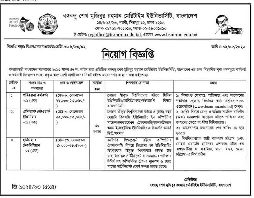 বঙ্গবন্ধু শেখ মুজিবুর রহমান মেরিটাইম ইউনিভার্সিটি নিয়োগ বিজ্ঞপ্তি ২০২৩