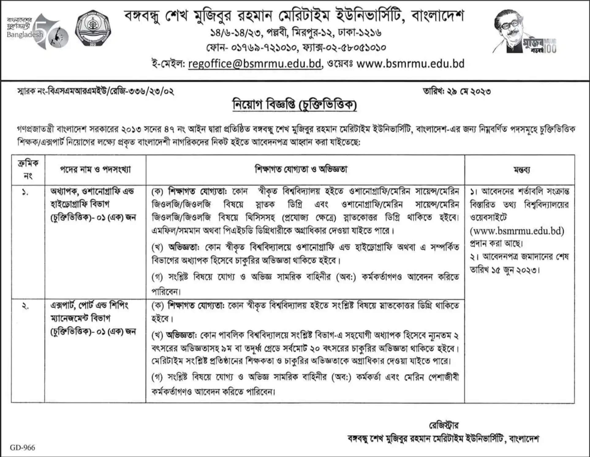 বঙ্গবন্ধু শেখ মুজিবুর রহমান মেরিটাইম ইউনিভার্সিটি নিয়োগ বিজ্ঞপ্তি ২০২৩